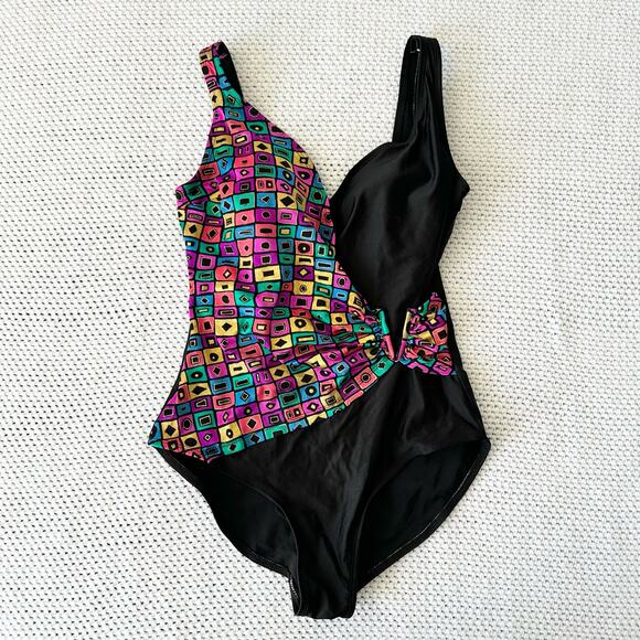 Oscar de la Renta Other - Oscar De La Renta Vintage Multicolored Geo Square Faux Wrap One Piece Swimsuit